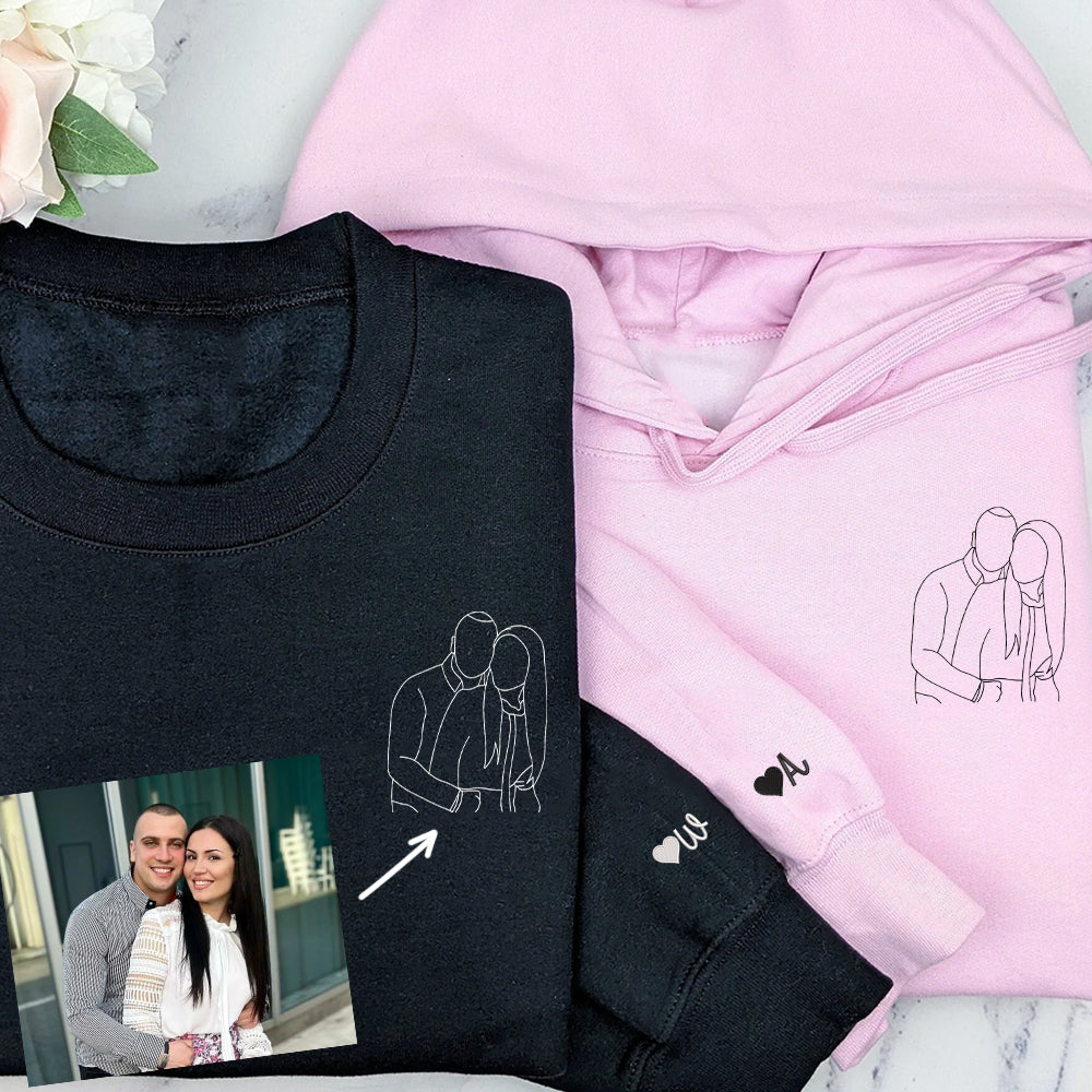 Custom Embroidered Portrait Sweatshirt for Couple, Personalized People Outline, Photo Hoodie, Embroidered Line Art - Perfect for Cozy Couples Gifts