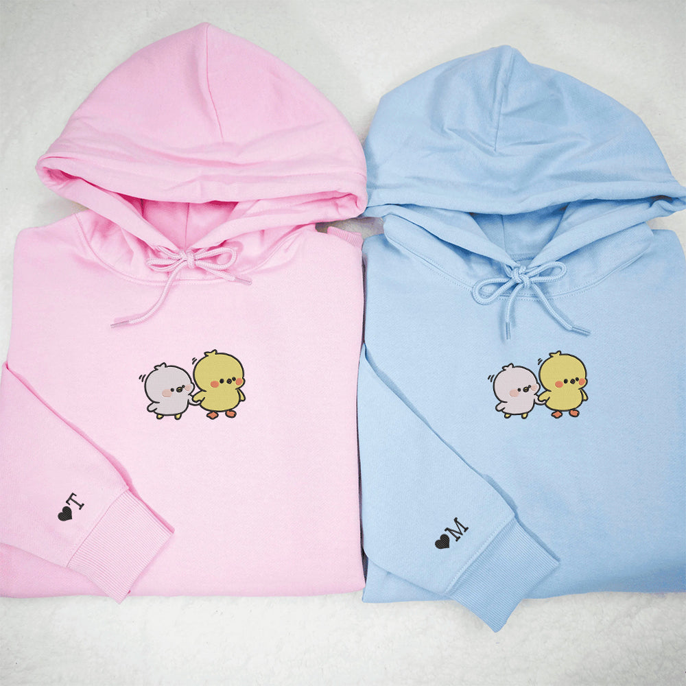 Cute Cartoon Chick Custom Embroidered Matching Hoodies For Couples - Perfect for Cozy Couples Gifts