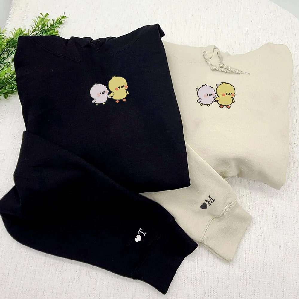 Cute Cartoon Chick Custom Embroidered Matching Hoodies For Couples - Perfect for Cozy Couples Gifts