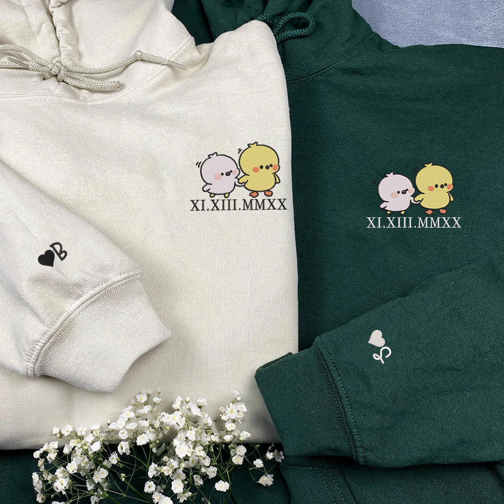 Cute Cartoon Chick Custom Roman Numeral Matching Embroidered Hoodies For Couples - Perfect for Cozy Couples Gifts