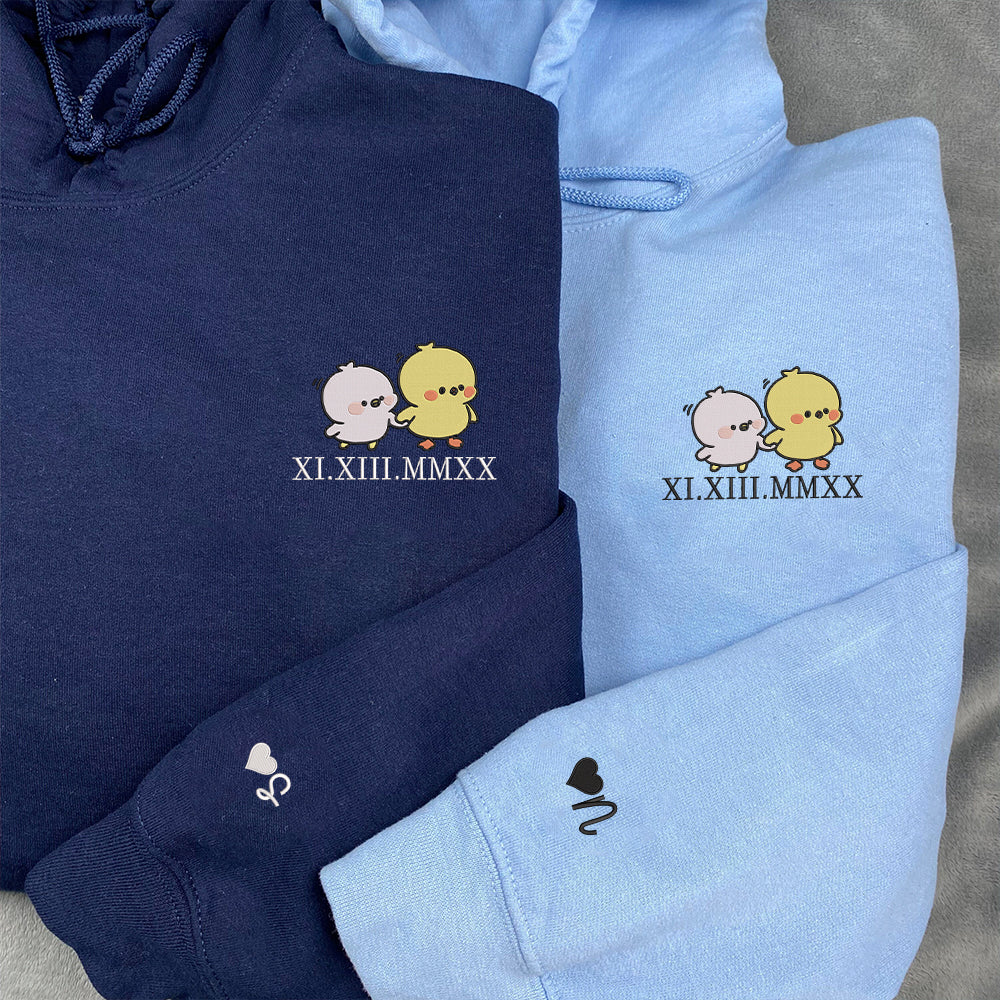 Cute Cartoon Chick Custom Roman Numeral Matching Embroidered Hoodies For Couples - Perfect for Cozy Couples Gifts