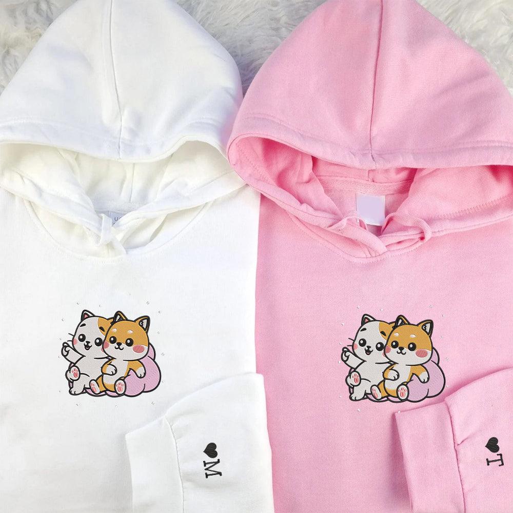 Cute Cat x Dog Custom Embroidered Matching Hoodies For Couples