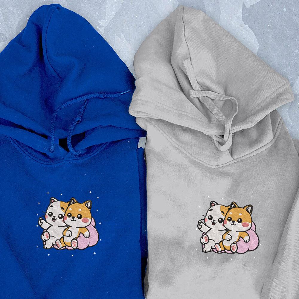 Cute Cat x Dog Custom Embroidered Matching Hoodies For Couples - Couple Hoodies