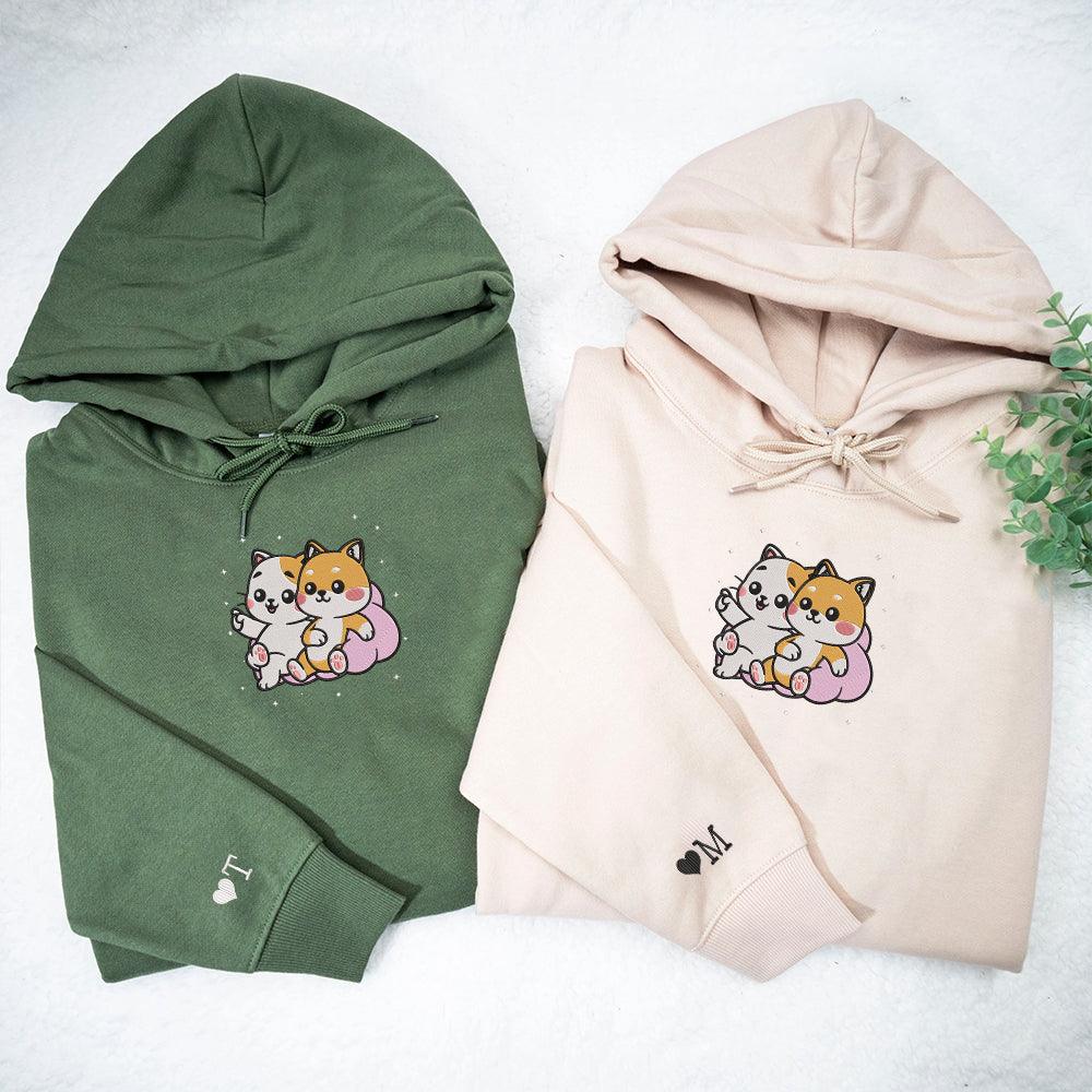 Cute Cat x Dog Custom Embroidered Matching Hoodies For Couples - Couple Hoodies