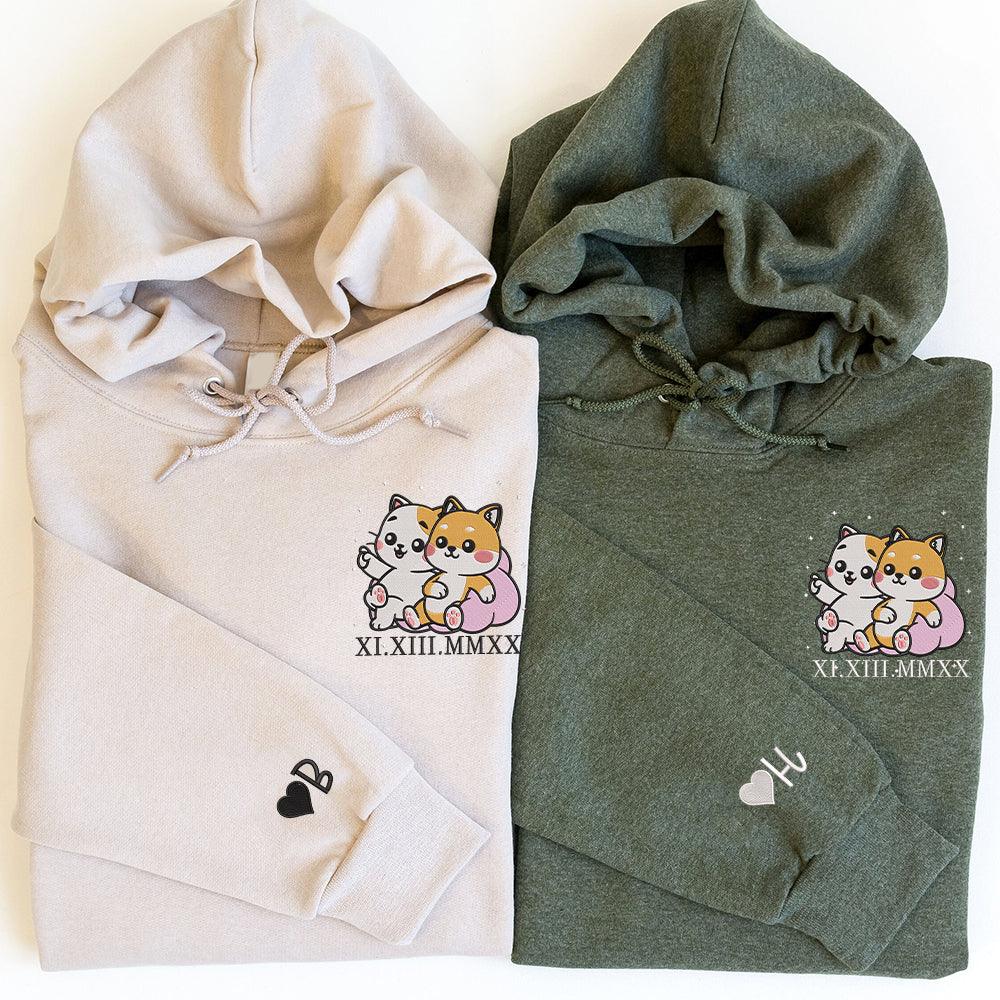 Cute Cat x Dog Custom Roman Numeral Matching Embroidered Hoodies For Couples