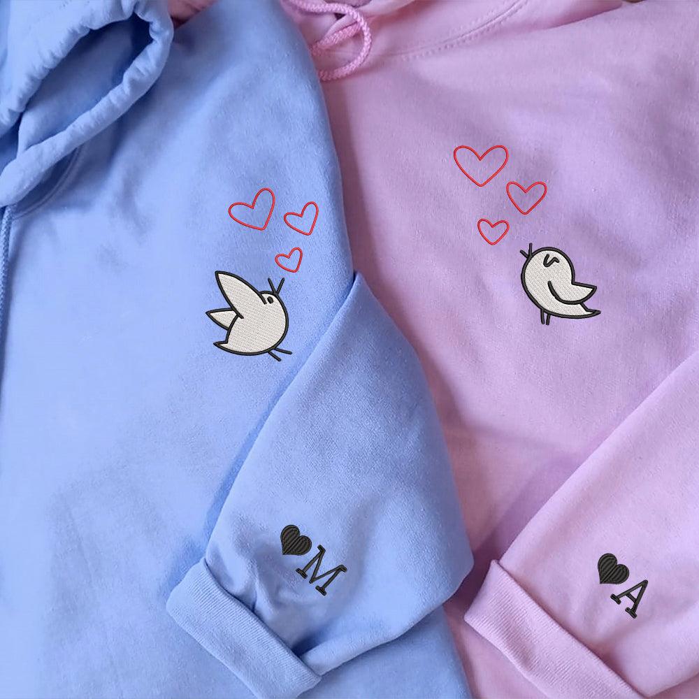 Cute Cartoon Birds Hearts Custom Embroidered Matching Hoodies For Coup