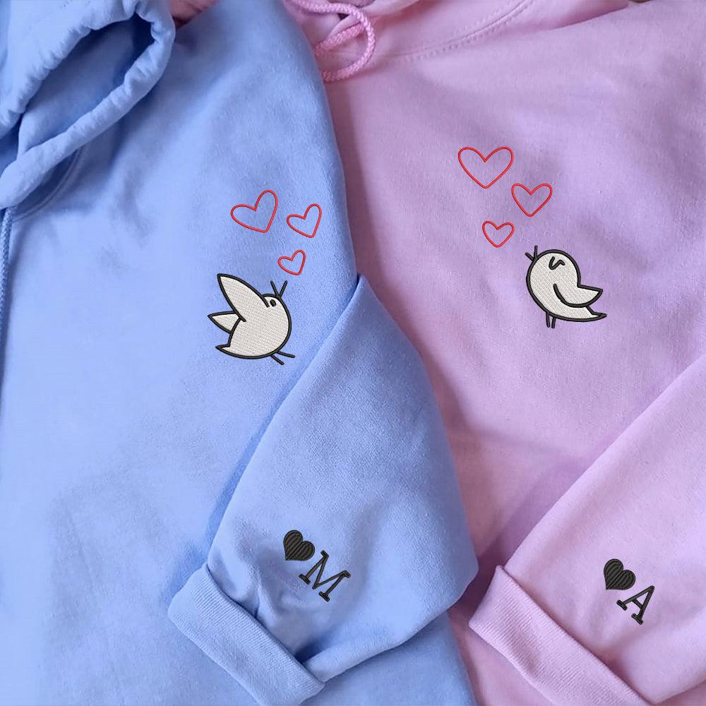 Cute Cartoon Birds Hearts Custom Embroidered Matching Hoodies For Couples - Couple Hoodies