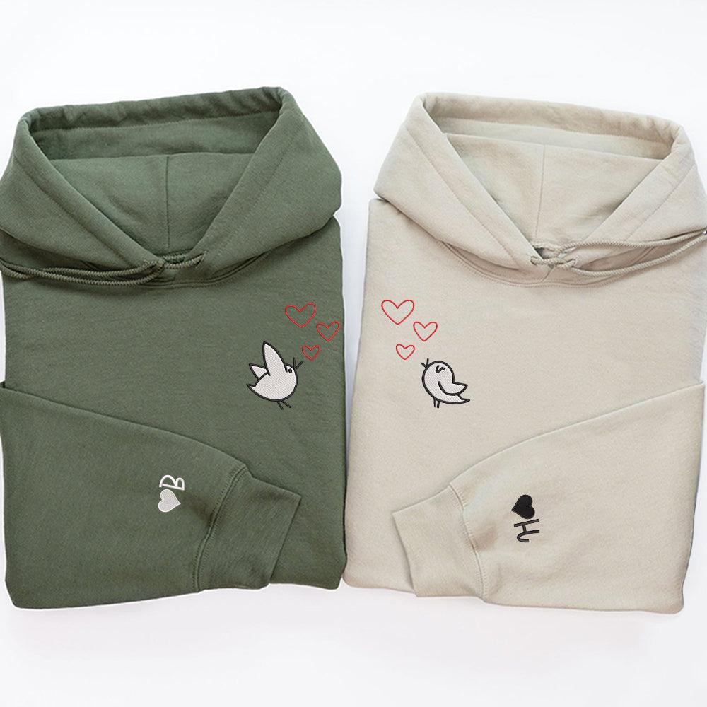 Cute Cartoon Birds Hearts Custom Embroidered Matching Hoodies For Couples - Couple Hoodies