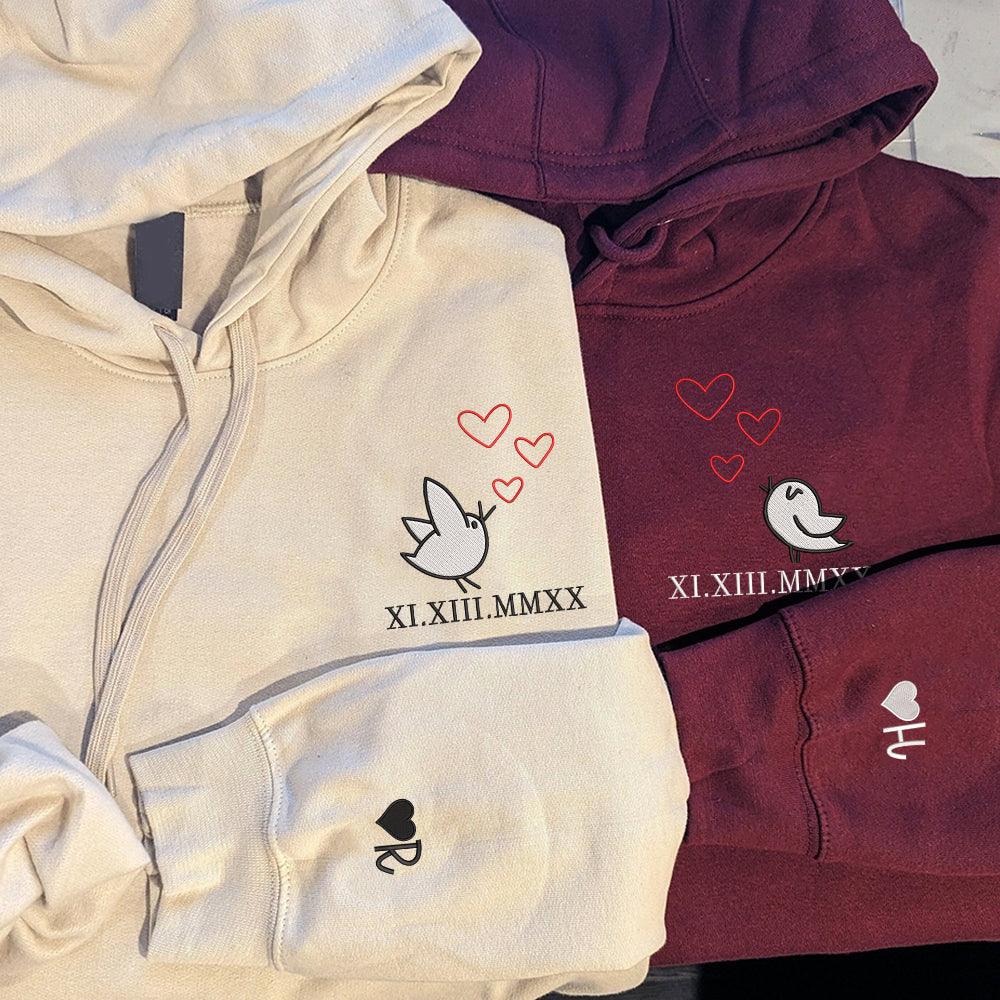 Cute Couple Birds Custom Roman Numeral Matching Embroidered Hoodies For Couples