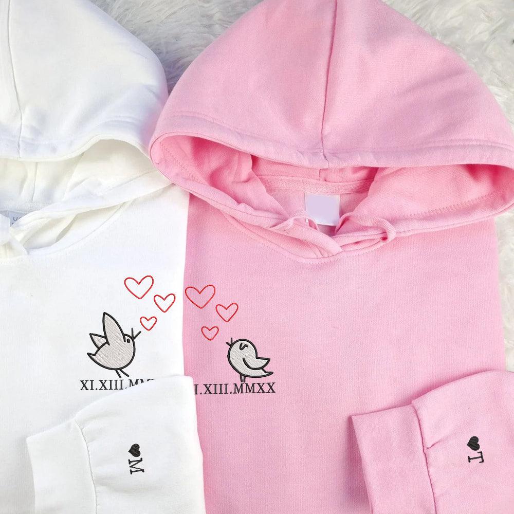 Cute Couple Birds Custom Roman Numeral Matching Embroidered Hoodies For Couples