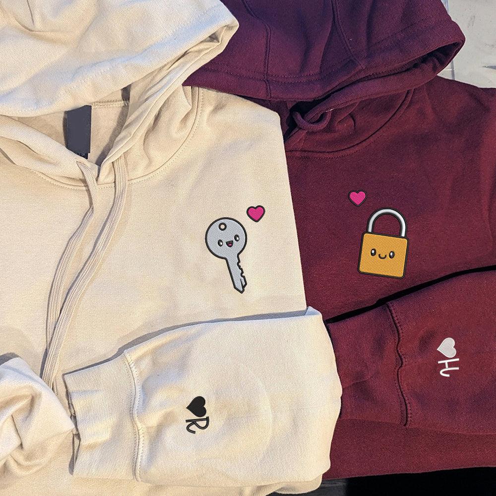 Cute Padlock x Key Custom Embroidered Matching Hoodies For Couples - Couple Hoodies
