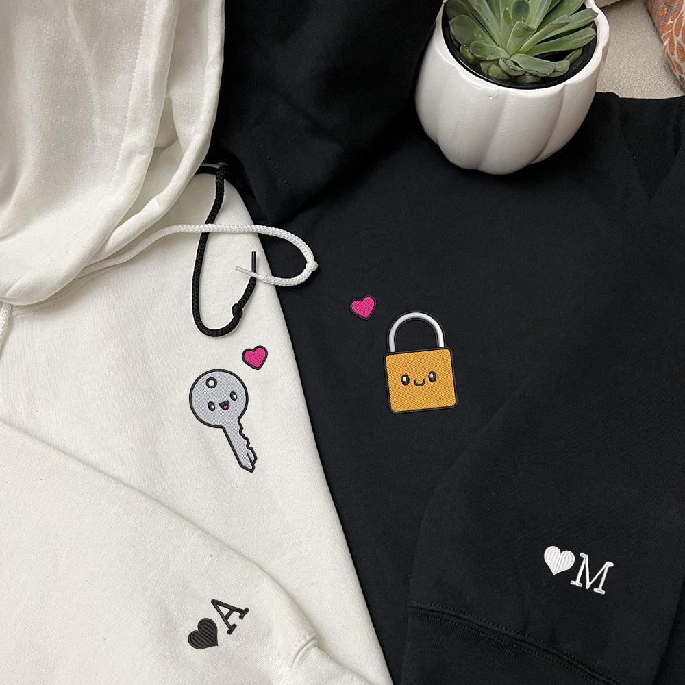 Cute Padlock x Key Custom Embroidered Matching Hoodies For Couples - Couple Hoodies