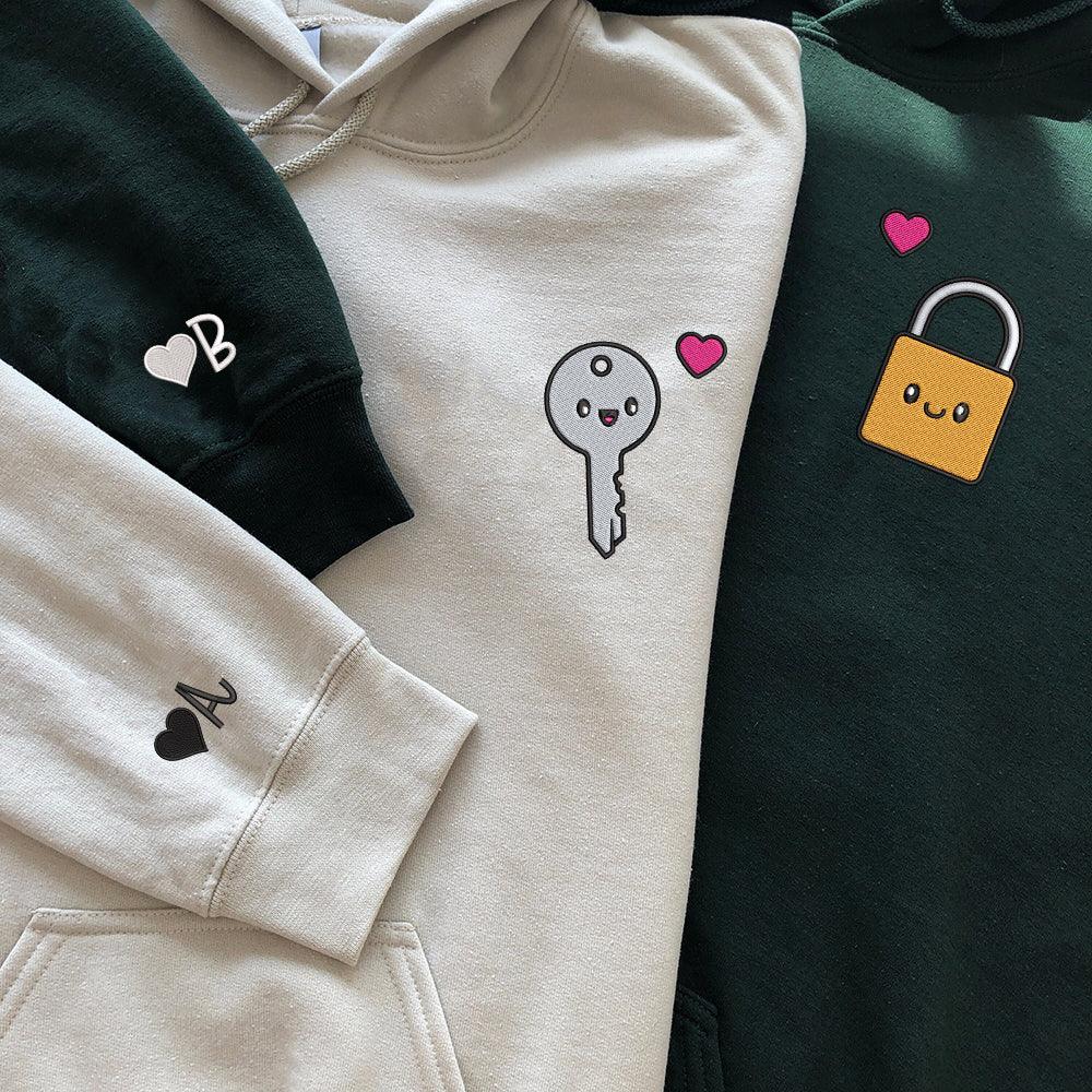 Cute Padlock x Key Custom Embroidered Matching Hoodies For Couples - Couple Hoodies