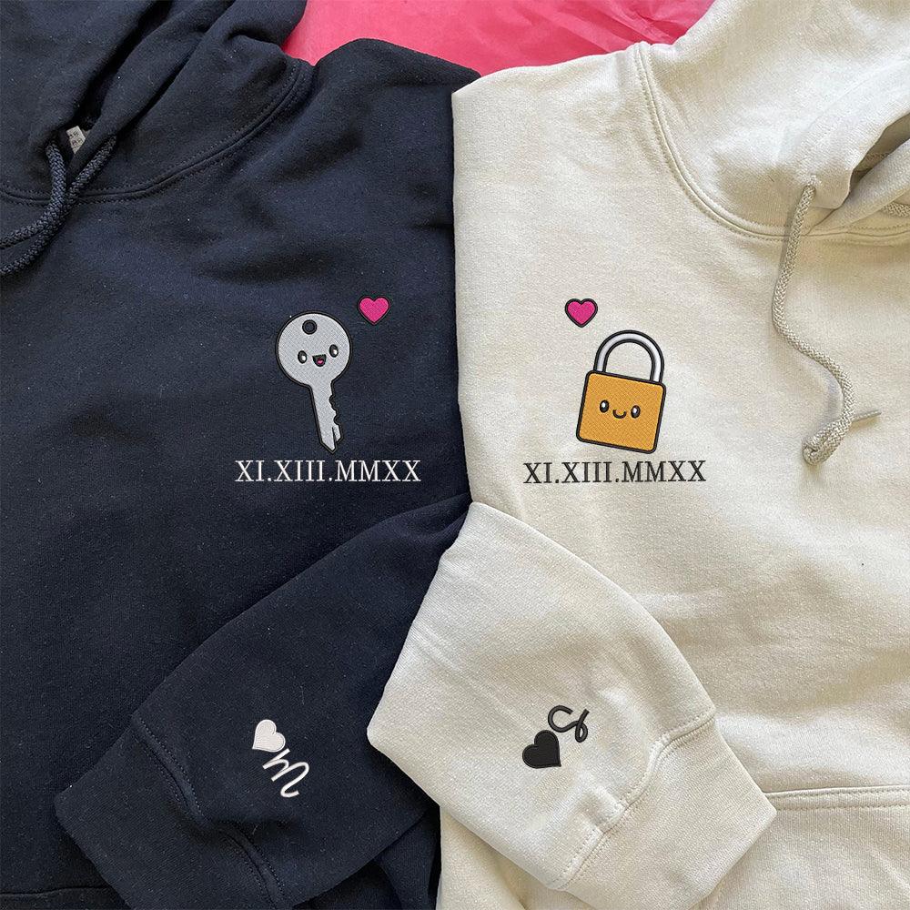 Cute Couple of Padlock x Key Custom Roman Numeral Matching Embroidered Hoodies For Couples
