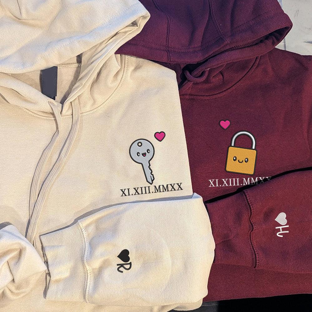 Cute Couple of Padlock x Key Custom Roman Numeral Matching Embroidered Hoodies For Couples