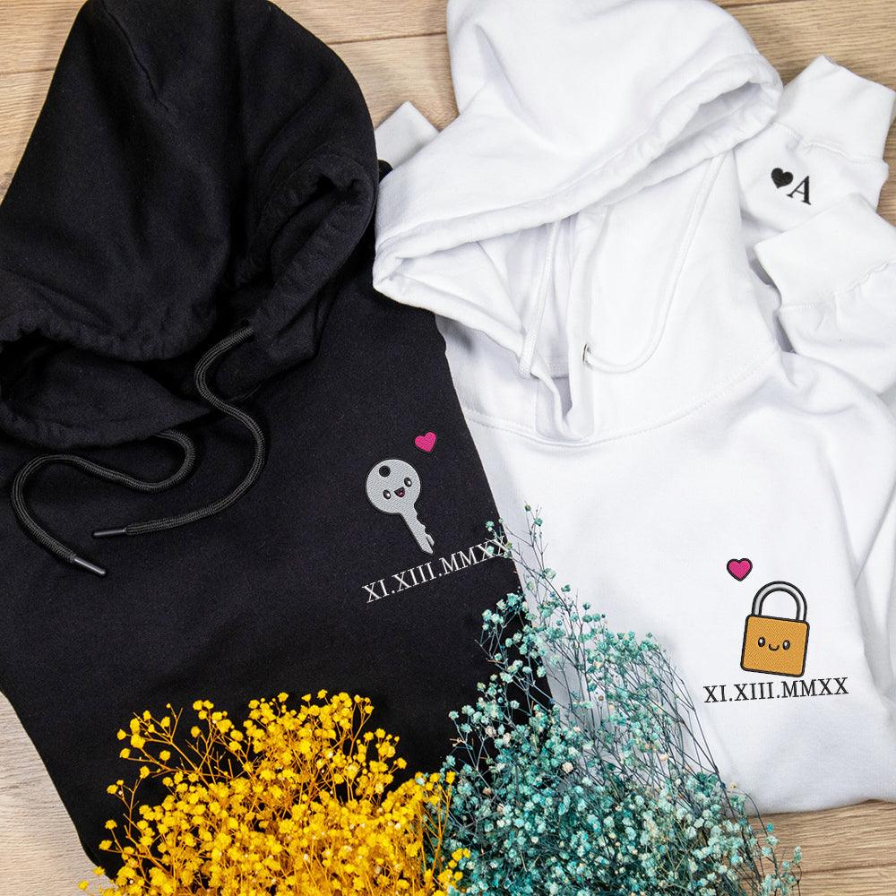 Cute Couple of Padlock x Key Custom Roman Numeral Matching Embroidered Hoodies For Couples