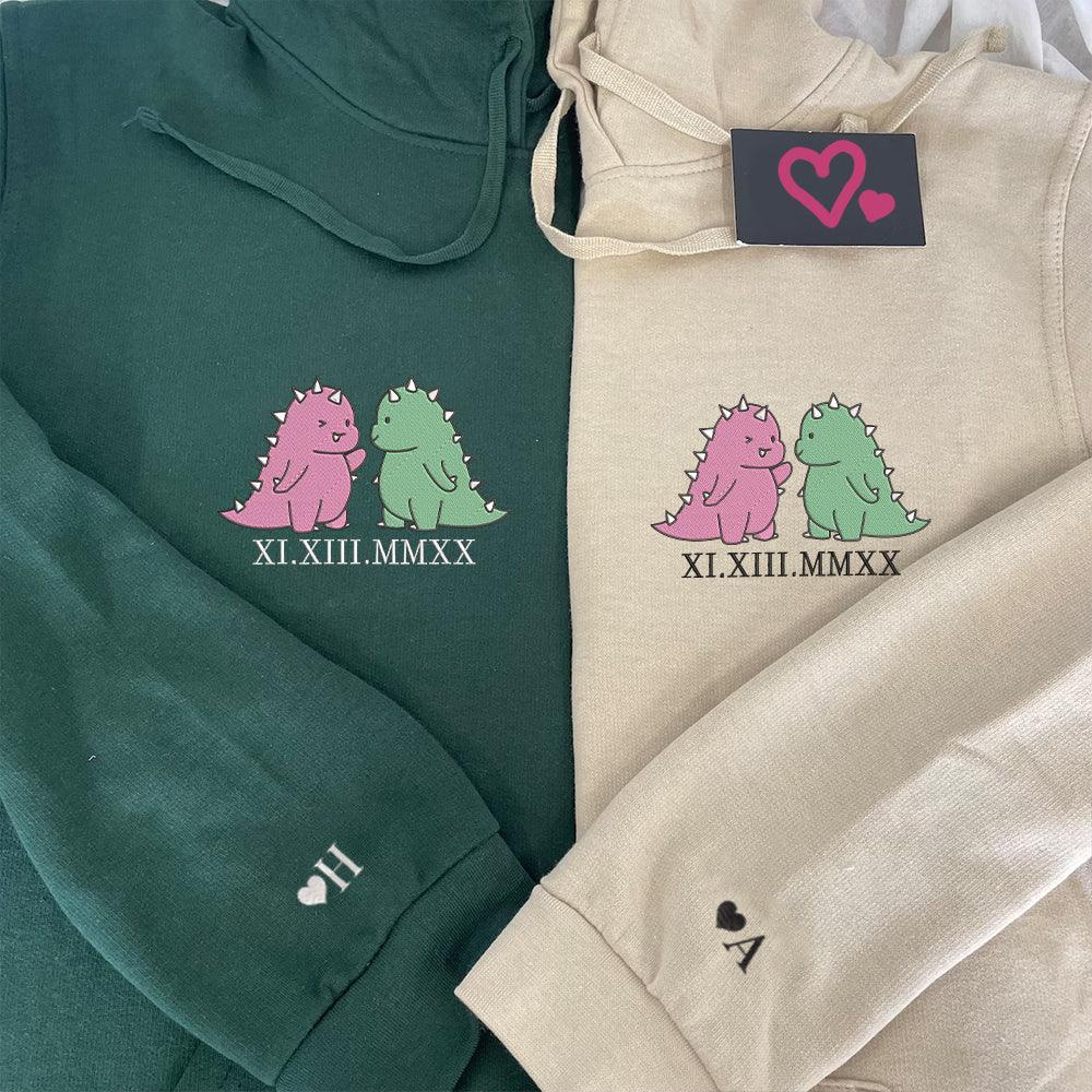Cute Couples Dinosaur Custom Roman Numeral Matching Embroidered Hoodies For Couples