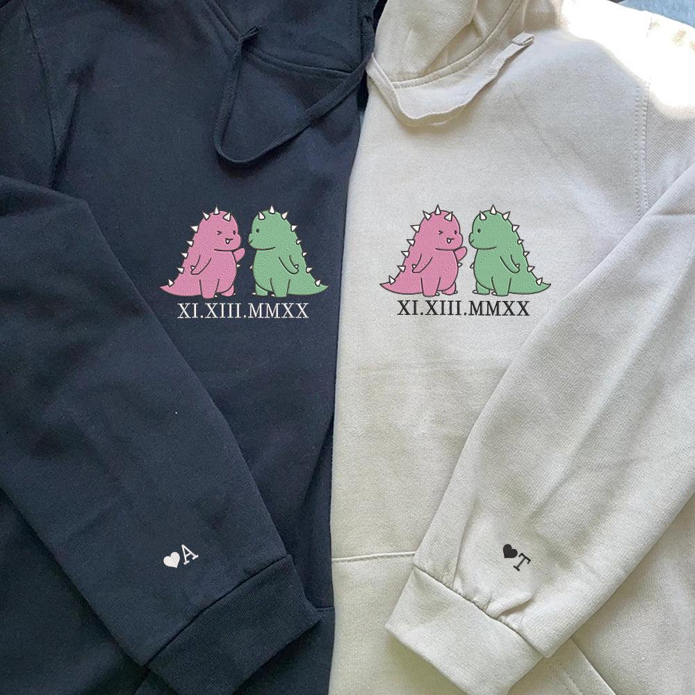 Cute Couples Dinosaur Custom Roman Numeral Matching Embroidered Hoodies For Couples