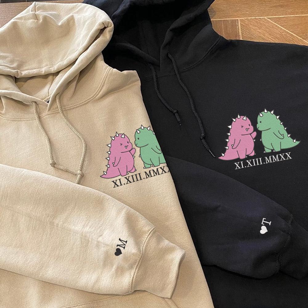 Cute Couples Dinosaur Custom Roman Numeral Matching Embroidered Hoodie