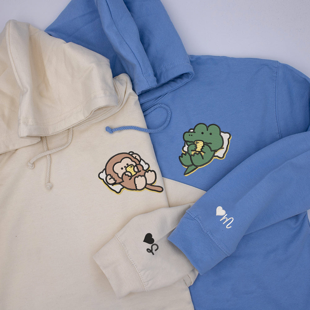 Cute Crocodile x Monkey Custom Embroidered Matching Hoodies For Couple