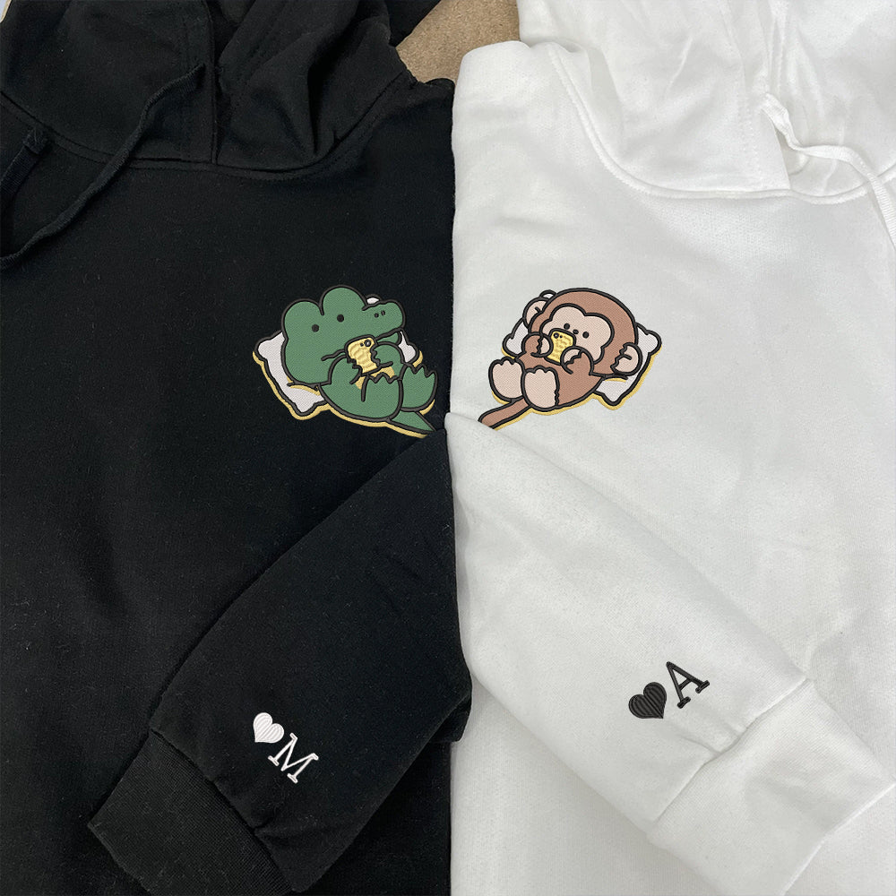 Cute Crocodile x Monkey Custom Embroidered Matching Hoodies For Couples - Perfect for Cozy Couples Gifts