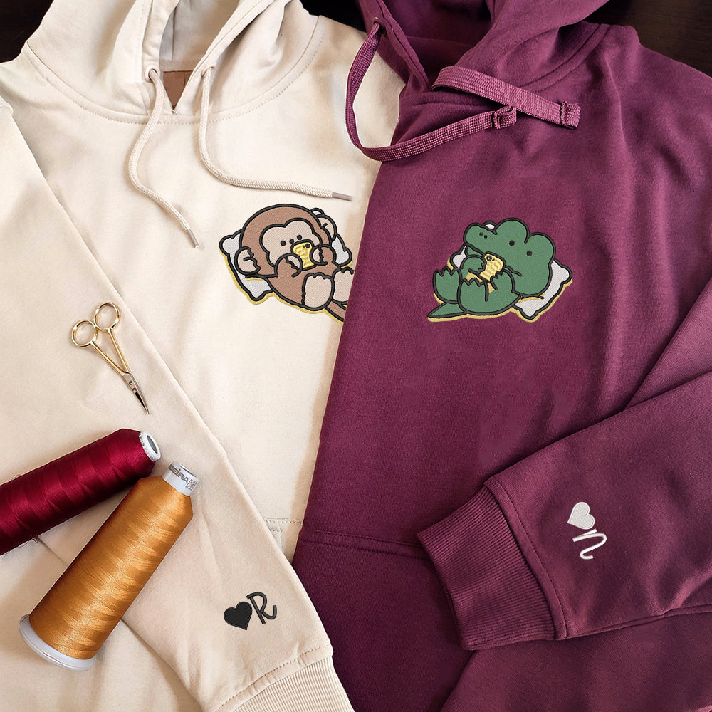 Cute Crocodile x Monkey Custom Embroidered Matching Hoodies For Couple