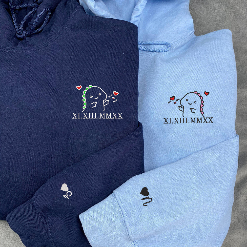 Cute Dino Couple Custom Roman Numeral Matching Embroidered Hoodies For