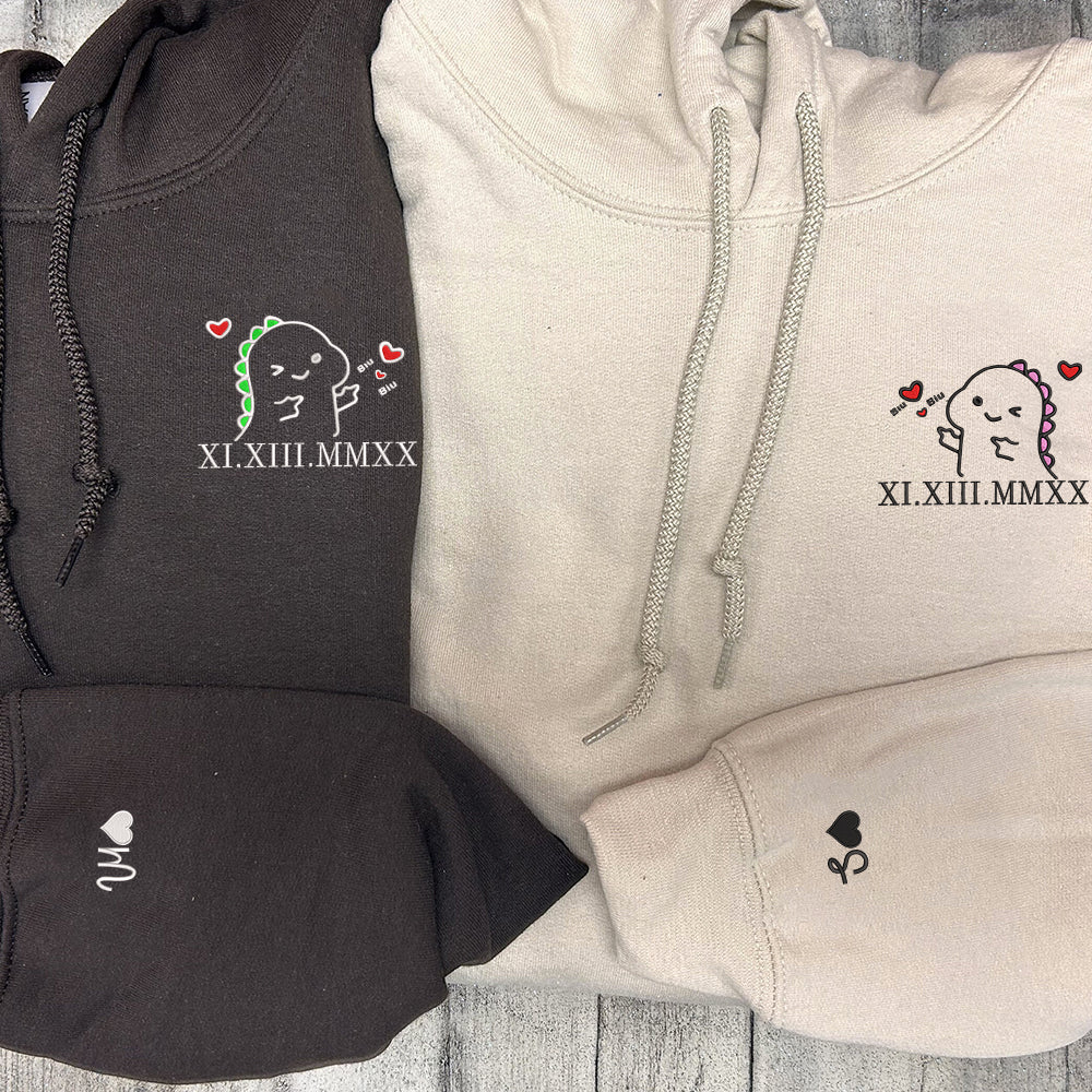 Cute Dino Couple Custom Roman Numeral Matching Embroidered Hoodies For Couples - Perfect for Cozy Couples Gifts