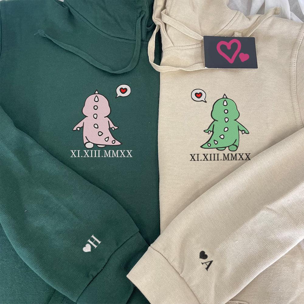 Cute Dinosaur Custom Roman Numeral Matching Embroidered Hoodies For Couples