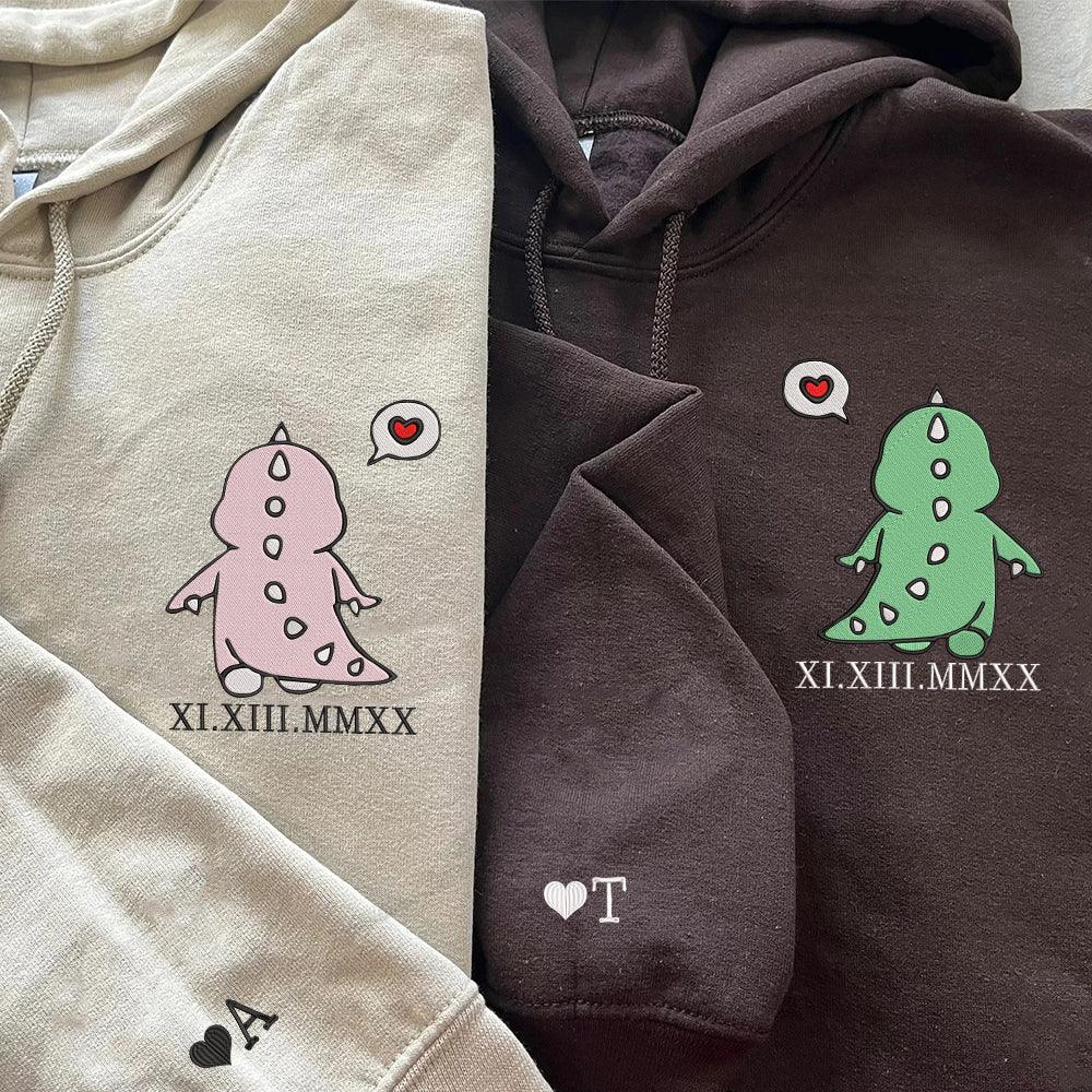 Cute Dinosaur Custom Roman Numeral Matching Embroidered Hoodies For Couples