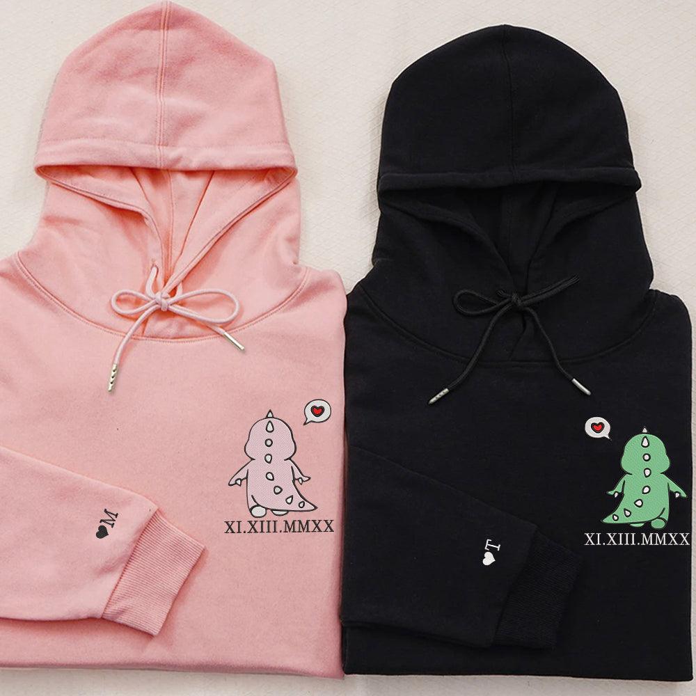 Cute Dinosaur Custom Roman Numeral Matching Embroidered Hoodies For Couples