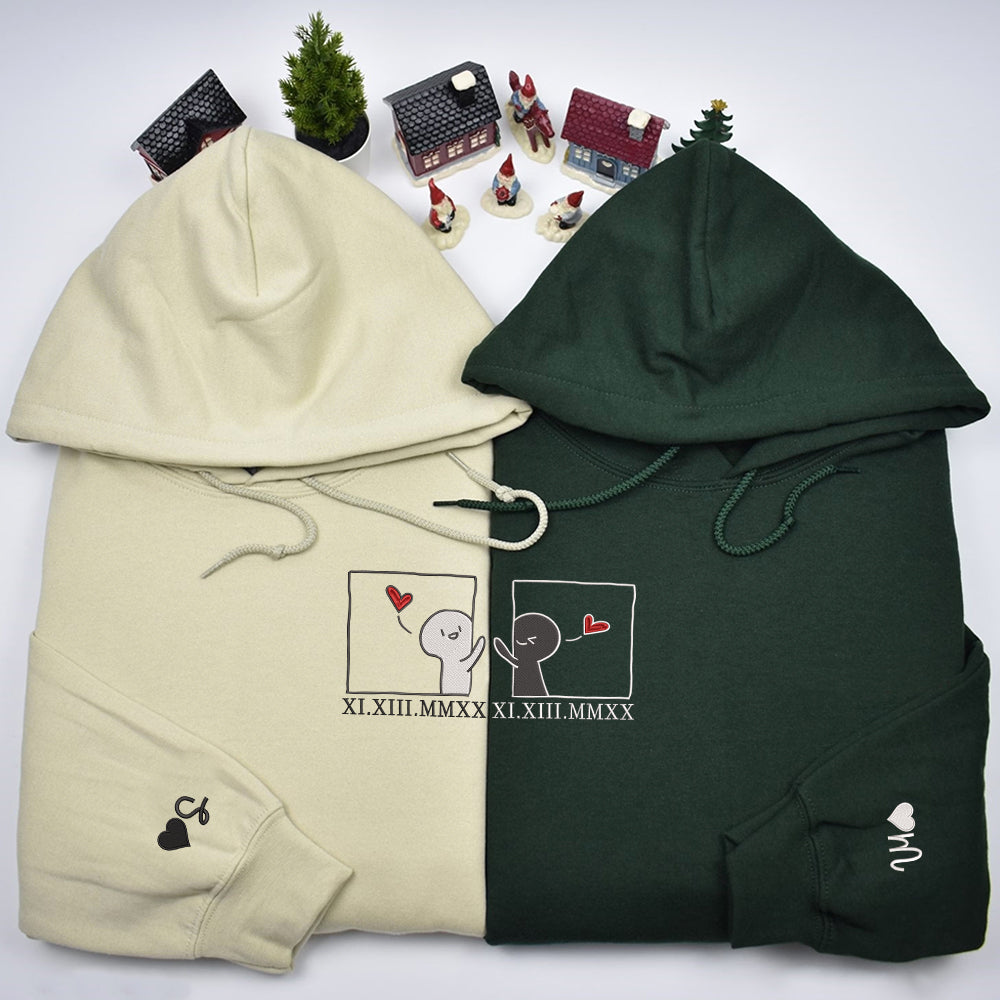 Cute Cartoon Couple Custom Roman Numeral Matching Embroidered Hoodies