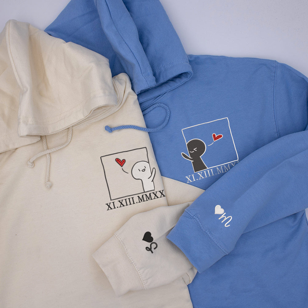 Cute Cartoon Couple Custom Roman Numeral Matching Embroidered Hoodies
