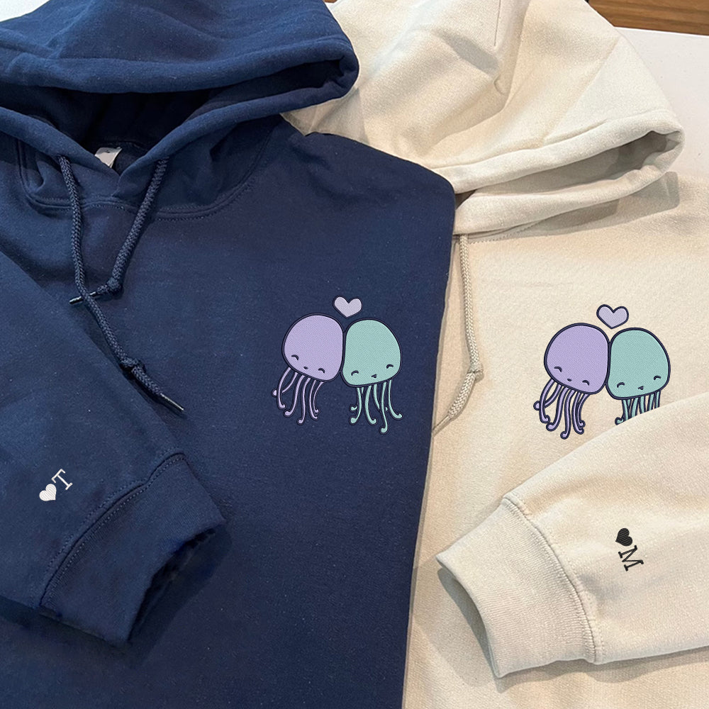 Cute Octopus Custom Embroidered Matching Hoodies For Couples - Perfect for Cozy Couples Gifts