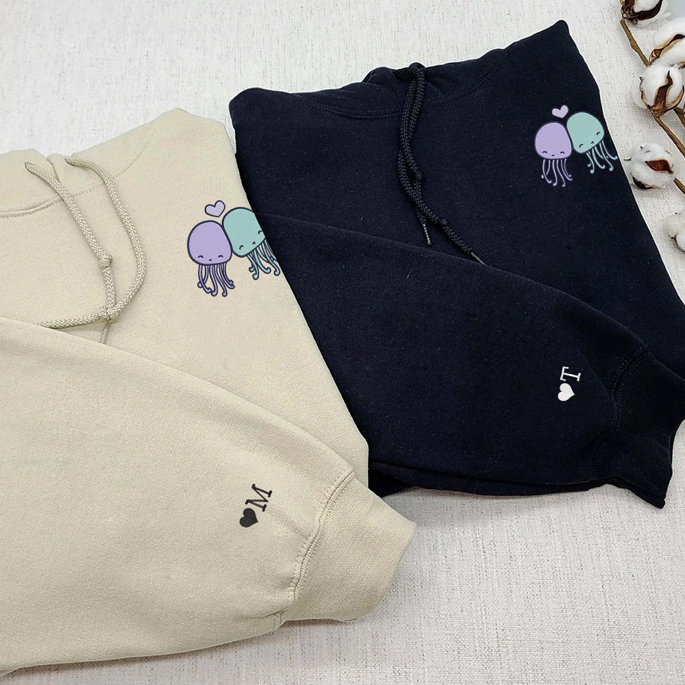 Cute Octopus Custom Embroidered Matching Hoodies For Couples - Perfect for Cozy Couples Gifts