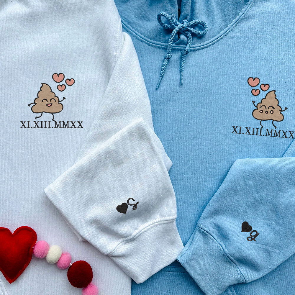 Cute Shit Cartoon Custom Roman Numeral Matching Embroidered Hoodies For Couples - Perfect for Cozy Couples Gifts