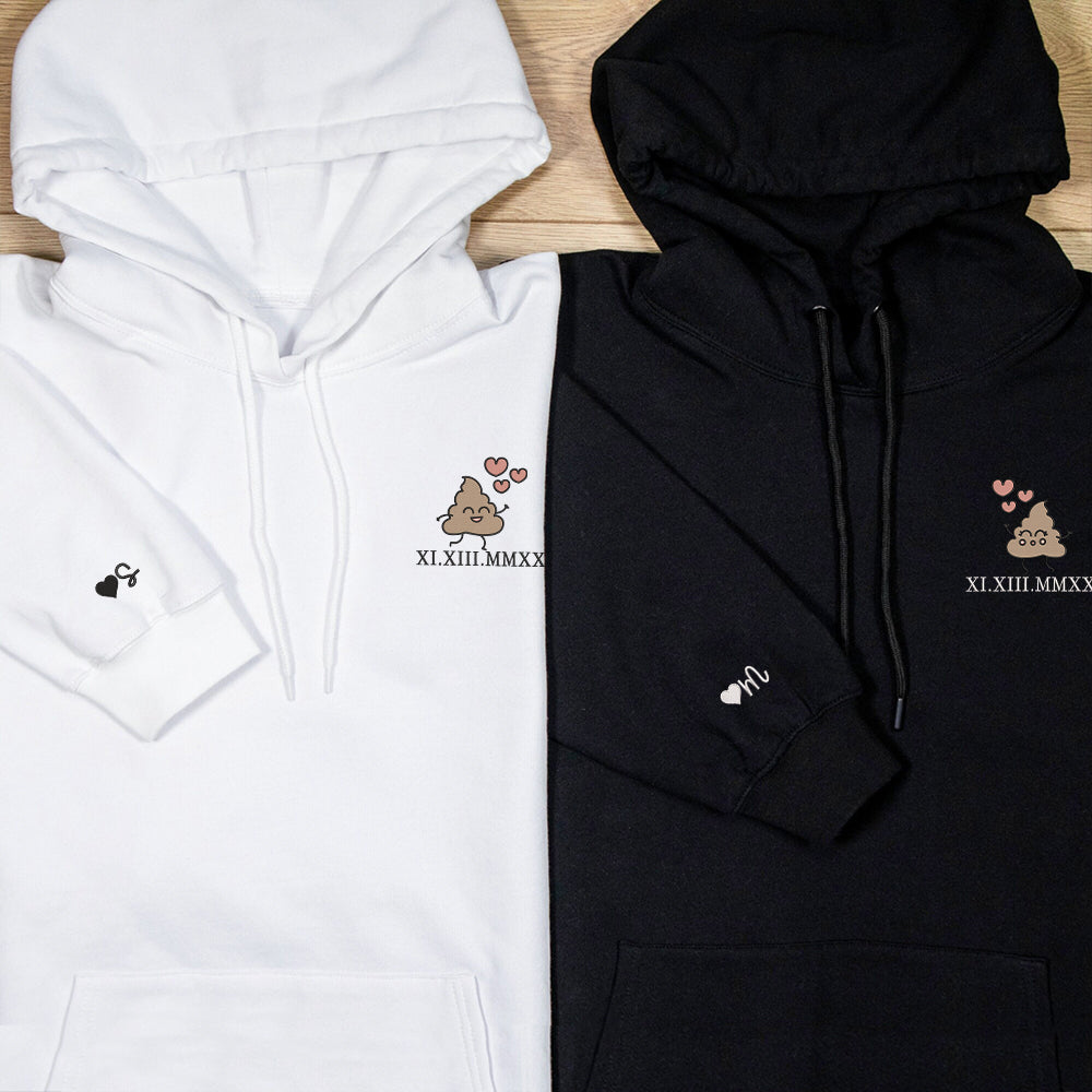 Cute Shit Cartoon Custom Roman Numeral Matching Embroidered Hoodies For Couples - Perfect for Cozy Couples Gifts