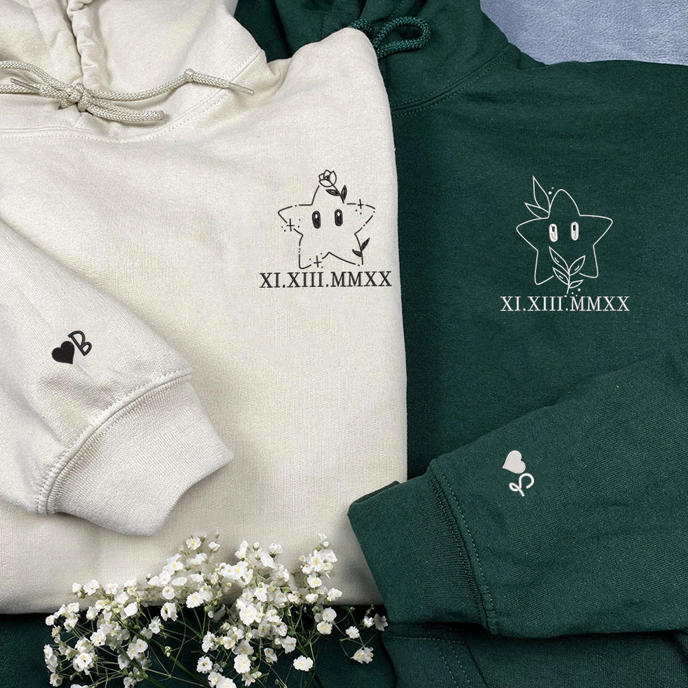 Cute Stars Cartoon Custom Roman Numeral Matching Embroidered Hoodies For Couples - Perfect for Cozy Couples Gifts
