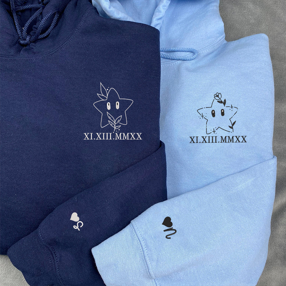 Cute Stars Cartoon Custom Roman Numeral Matching Embroidered Hoodies For Couples - Perfect for Cozy Couples Gifts