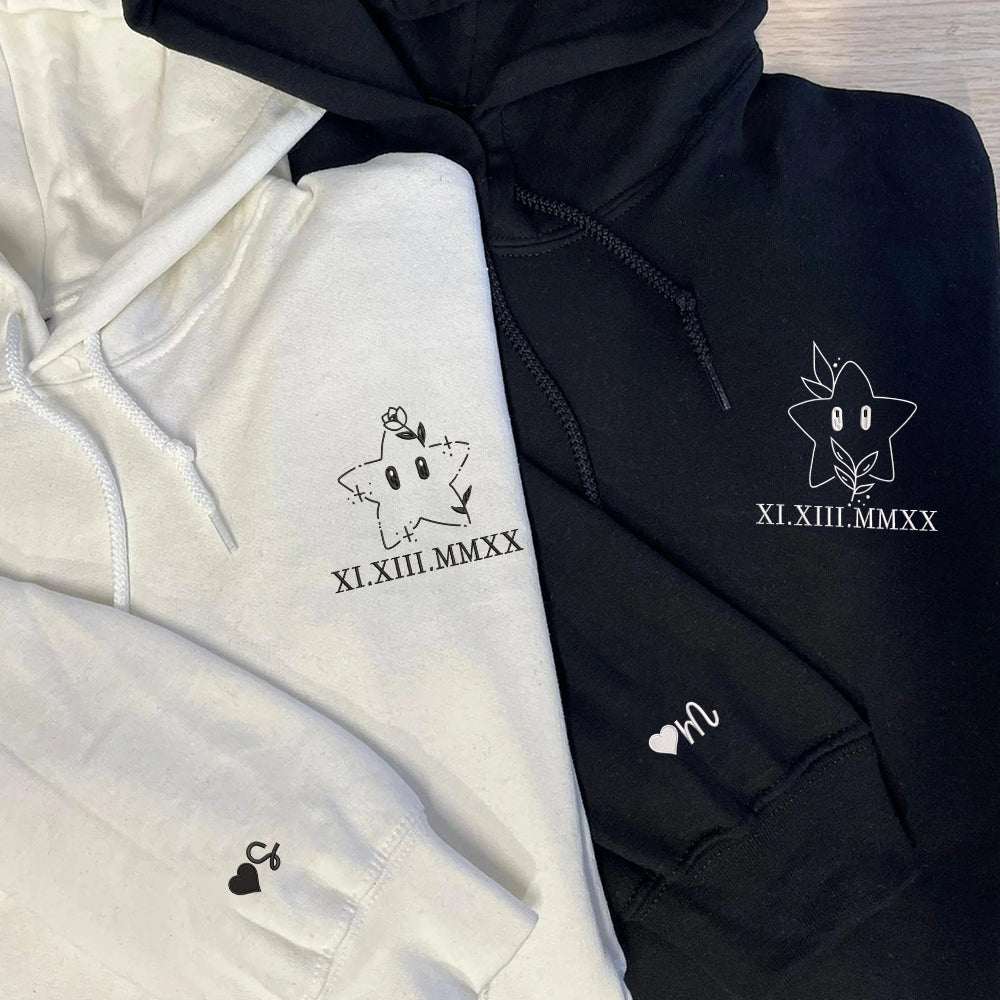 Cute Stars Cartoon Custom Roman Numeral Matching Embroidered Hoodies For Couples - Perfect for Cozy Couples Gifts