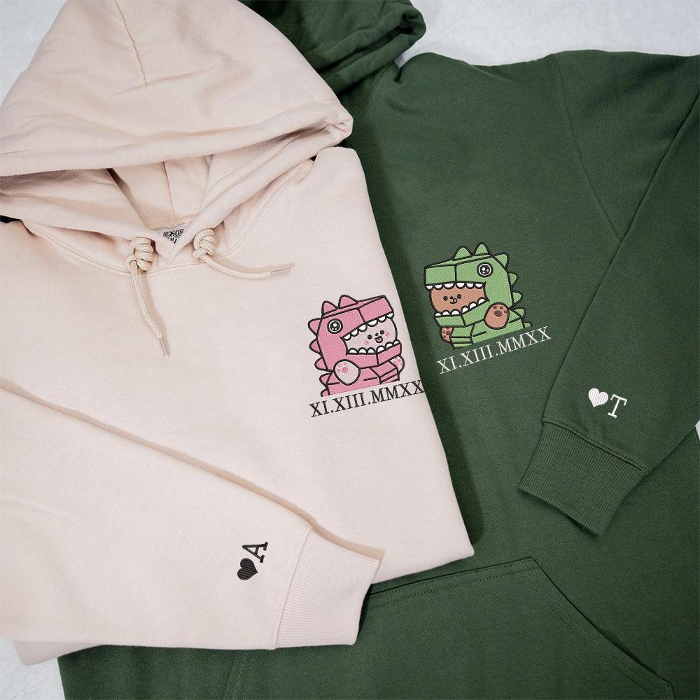 Cute T-Rex Costume Couples Custom Roman Numeral Matching Embroidered Hoodies For Couples