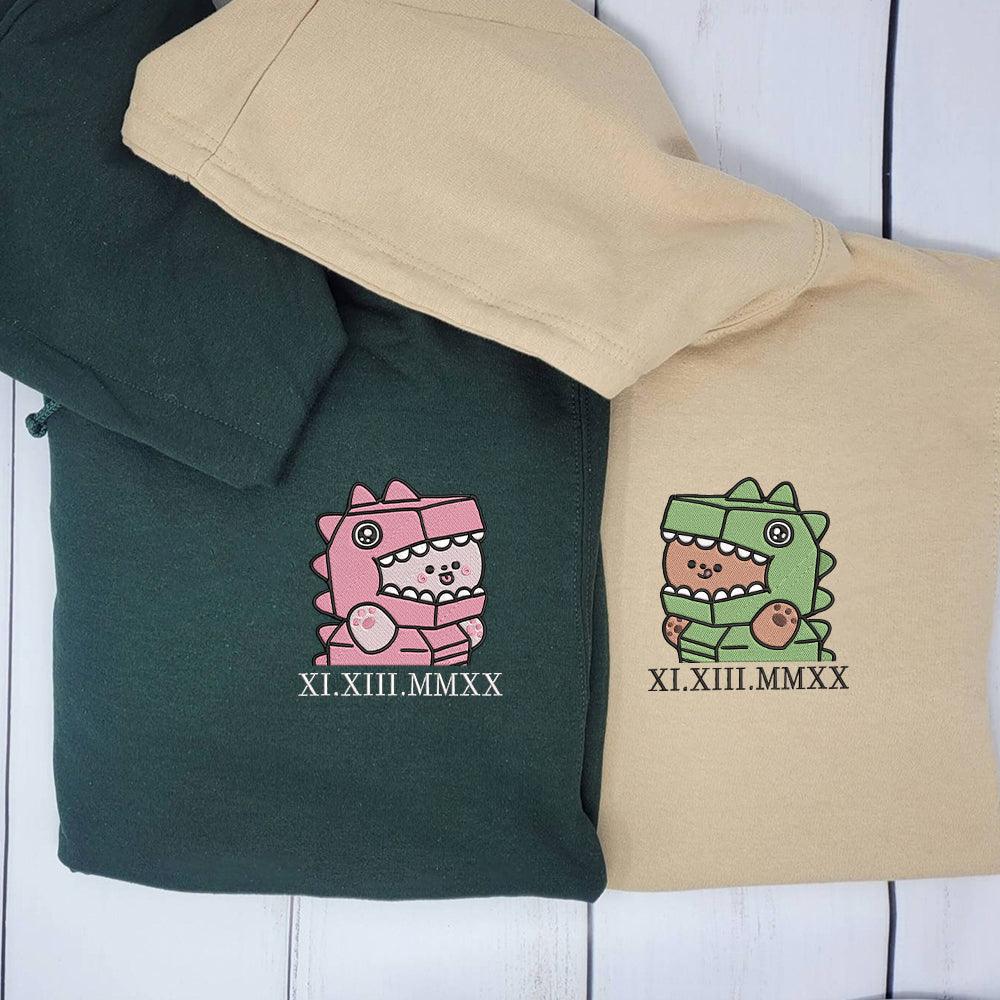 Cute T-Rex Costume Couples Custom Roman Numeral Matching Embroidered Hoodies For Couples