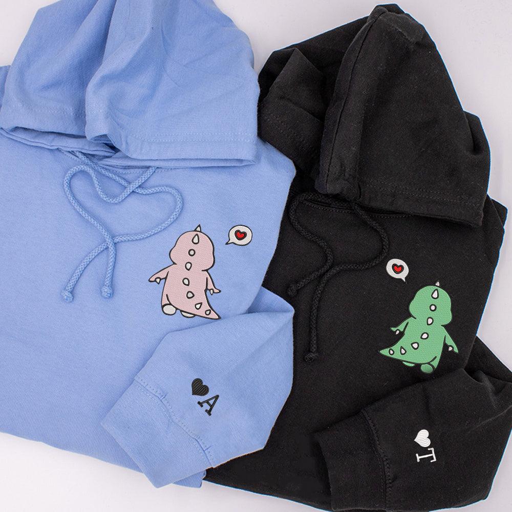 Cute Dinosaur Couple Embroidered Matching Hoodies For Couples