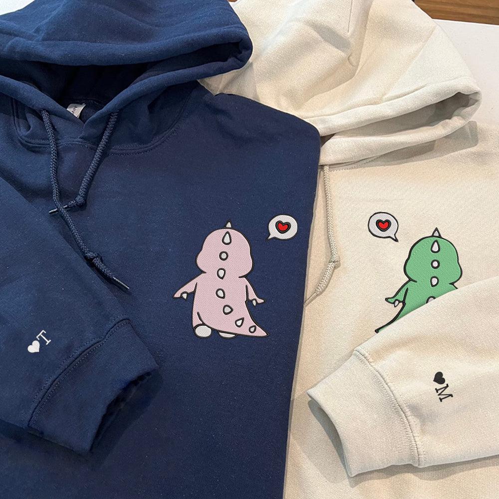 Cute Dinosaur Couple Embroidered Matching Hoodies For Couples