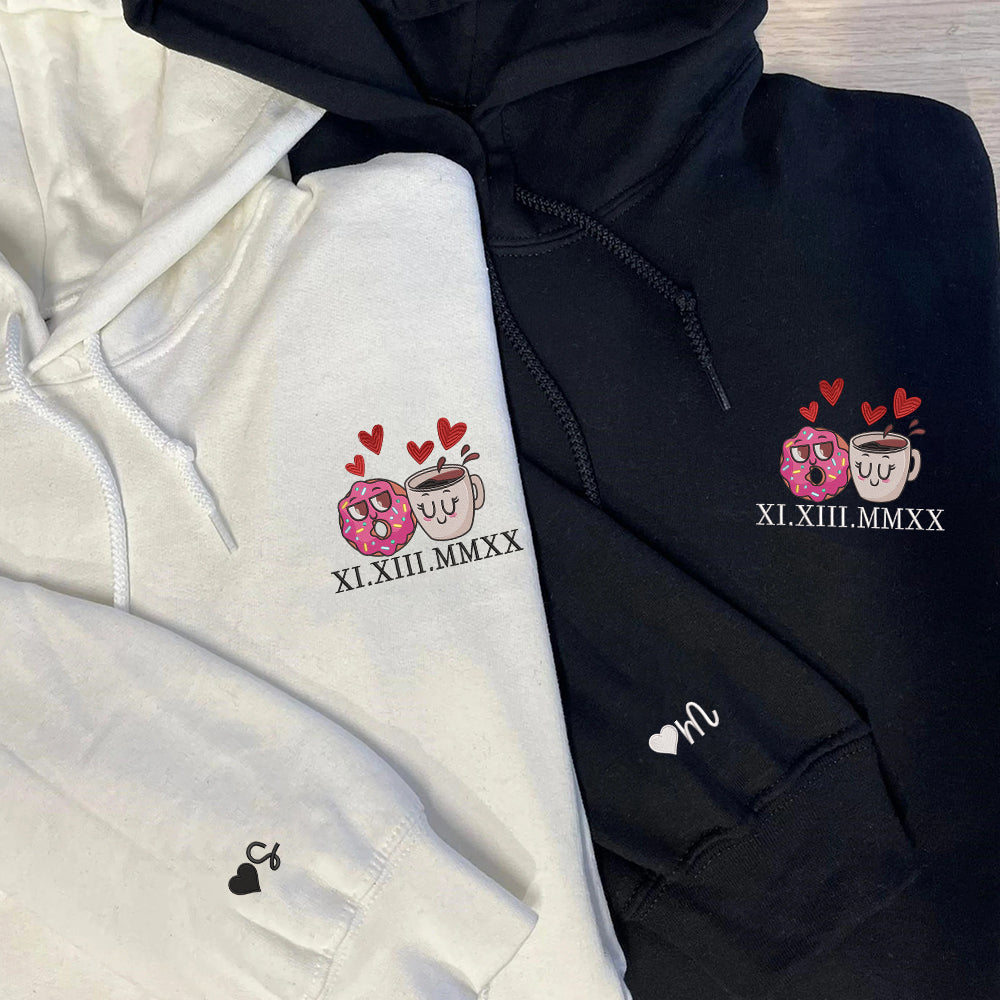Donut and Coffee Custom Roman Numeral Matching Embroidered Hoodies For Couples - Perfect for Cozy Couples Gifts