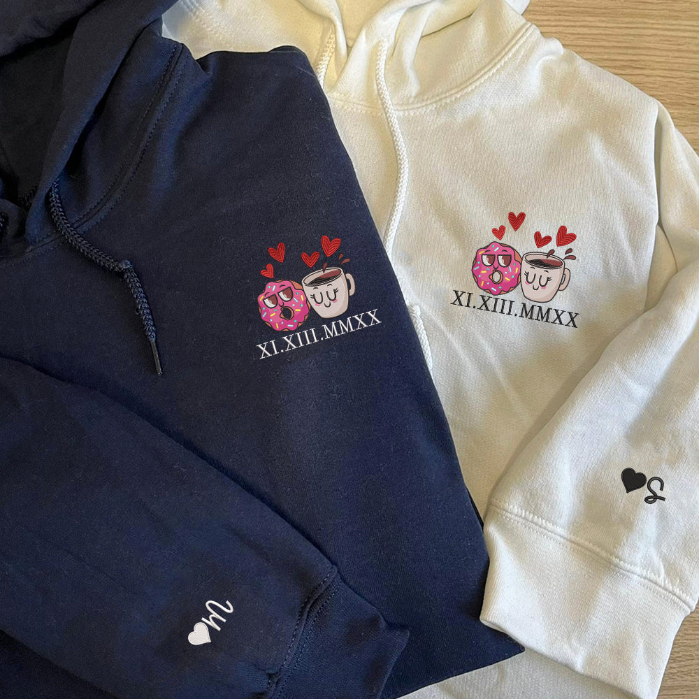 Donut and Coffee Custom Roman Numeral Matching Embroidered Hoodies For Couples - Perfect for Cozy Couples Gifts