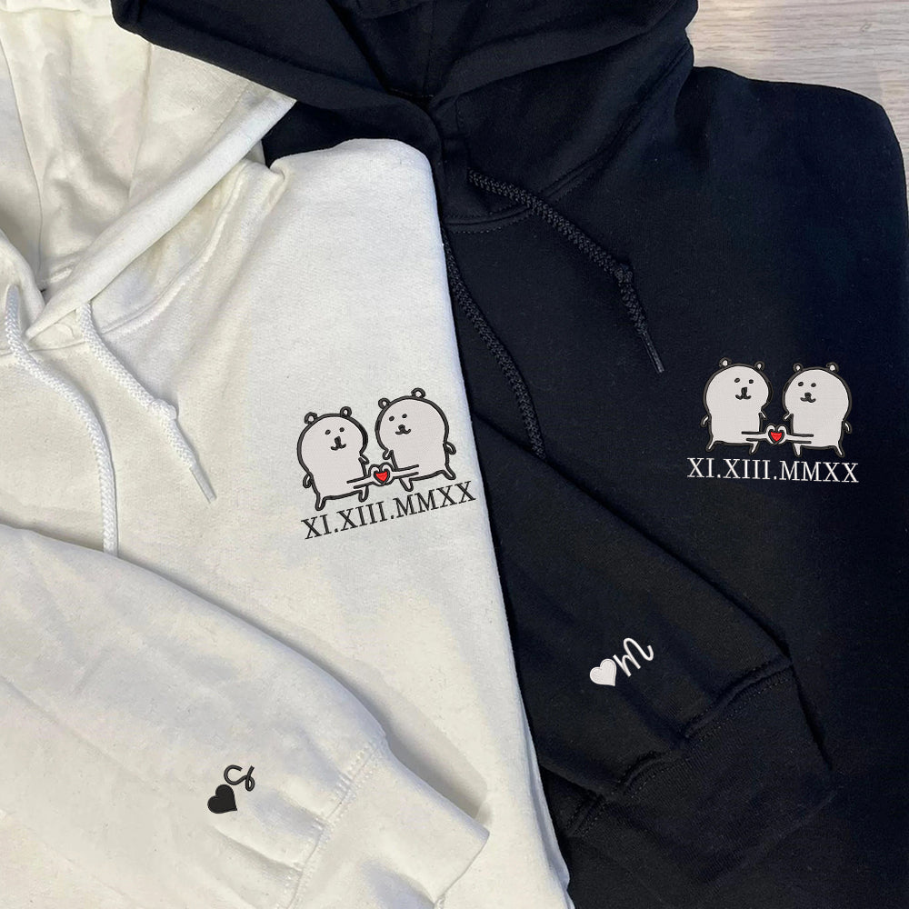 Funny White Bear Couple Custom Roman Numeral Matching Embroidered Hoodies For Couples - Perfect for Cozy Couples Gifts