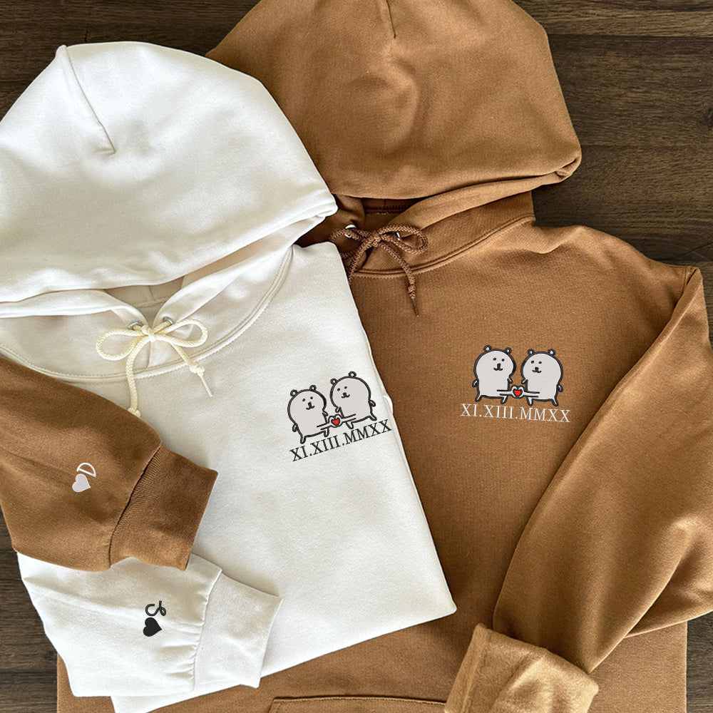 Funny White Bear Couple Custom Roman Numeral Matching Embroidered Hoodies For Couples - Perfect for Cozy Couples Gifts