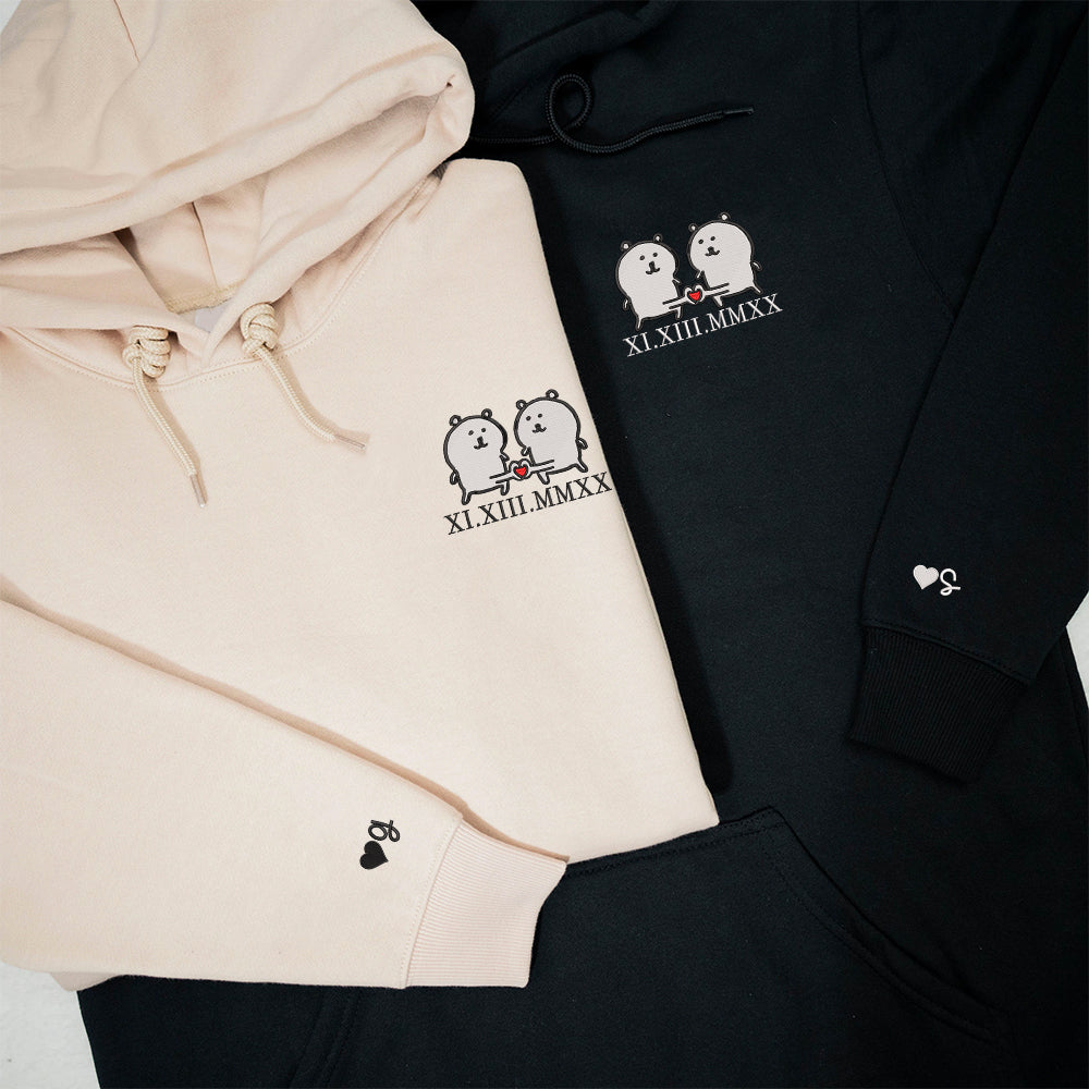 Funny White Bear Couple Custom Roman Numeral Matching Embroidered Hoodies For Couples - Perfect for Cozy Couples Gifts