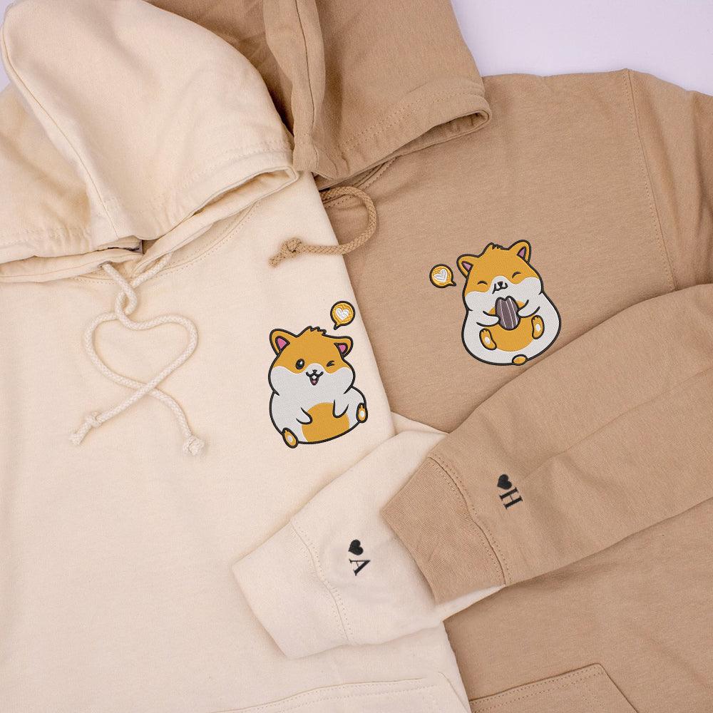 Cute Hamster Heart Custom Embroidered Matching Hoodies For Couples